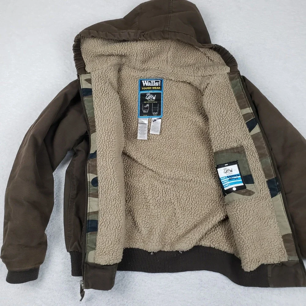 Walls Tough Wear Youth L 12-14 Brown Sherpa Lined Hooded Duck Canvas Work Jacket